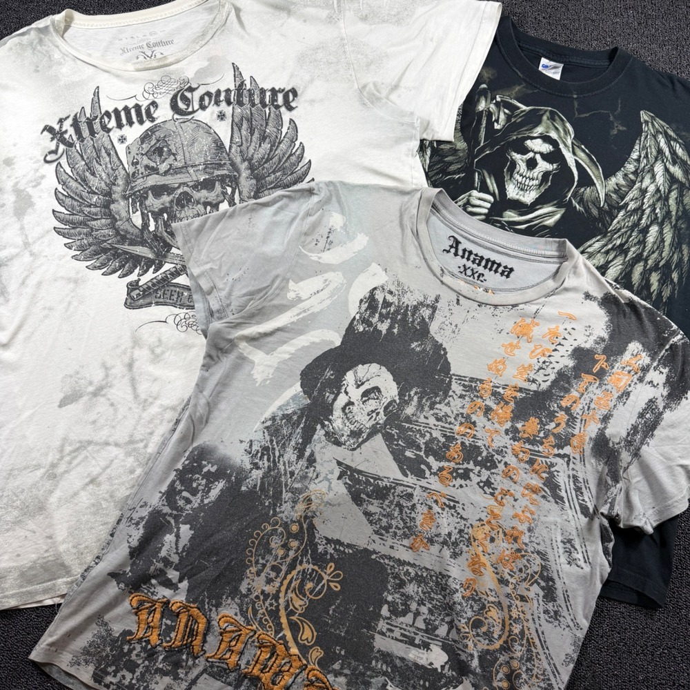 Xtreme Cotoure Affliction Men's 2XL Bundle of 3 T-Shirt Reaper Skull Goth Grunge